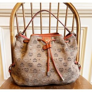 MCM Visetos Jacquard Bucket Bag Drawstring Crossbody Shoulder Brown Orange